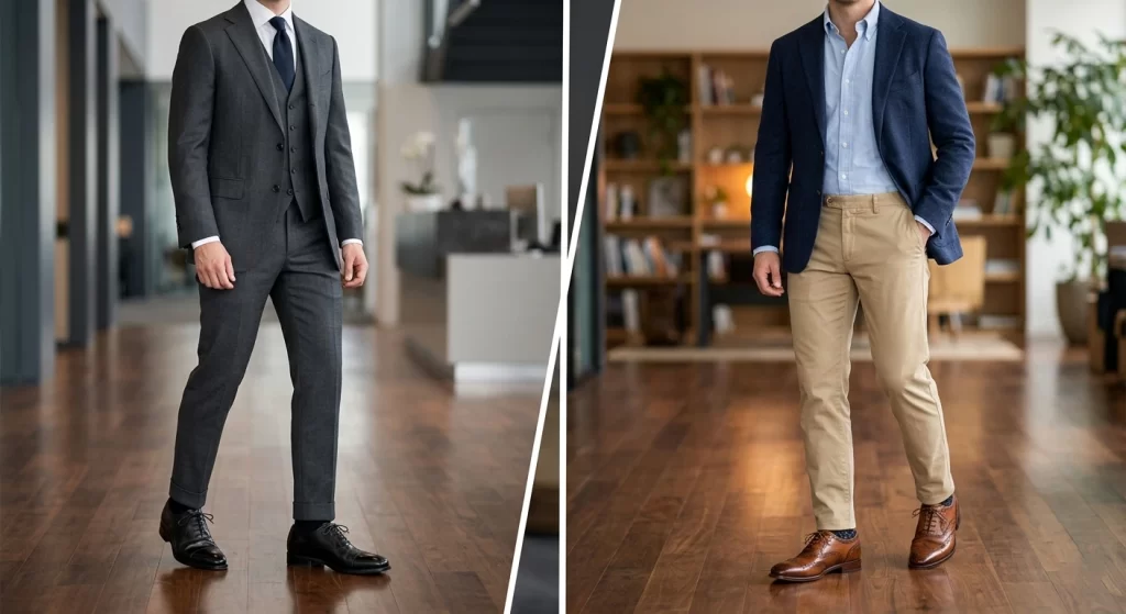 Man wearing Oxford shoes with a suit for formal occasions and chinos for smart casual