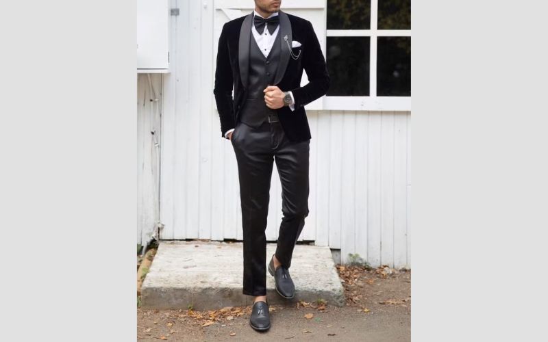 Menista Suit Designer Slim Fit Three Piece Black Velvet Tuxedo Mens Suit