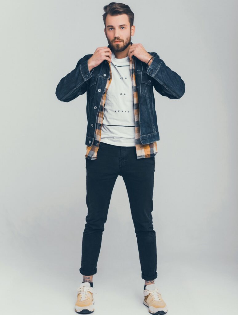 boy wearing jean jacket with Button-Down Shirt, Trousers, and Leather Boots