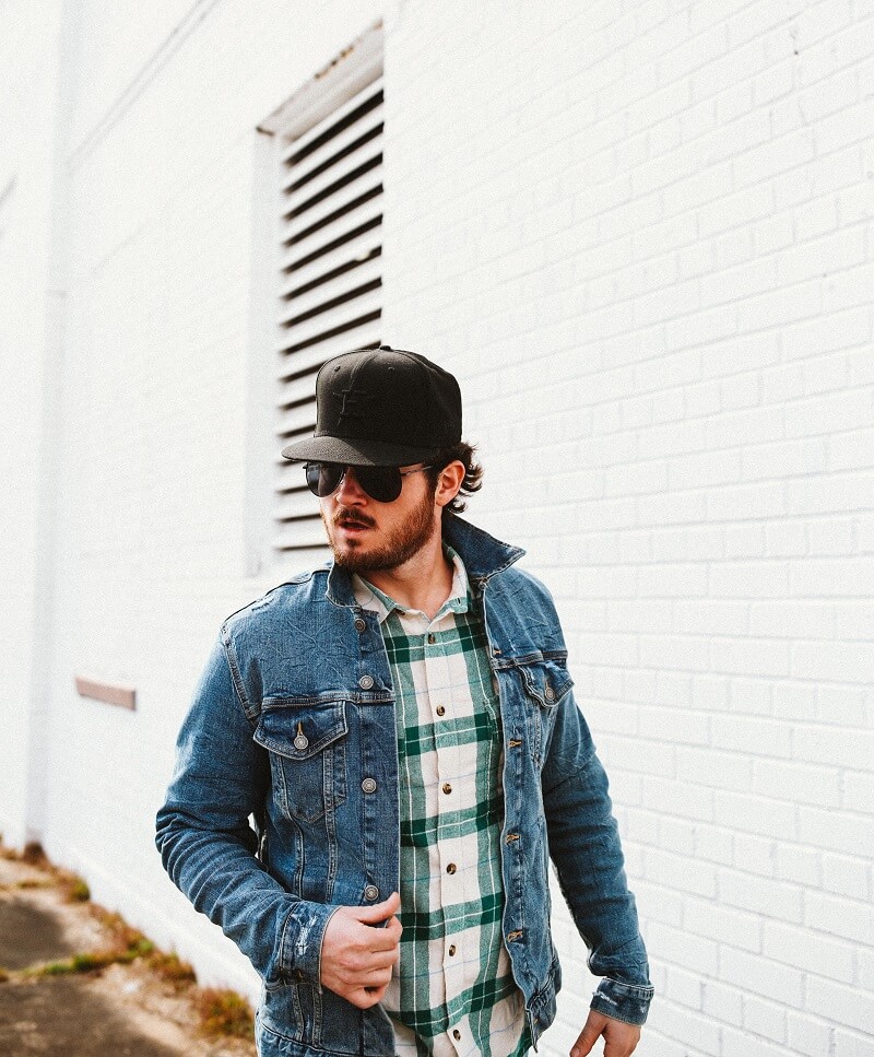 men wearing blue denim Jacket and shirt and black cap