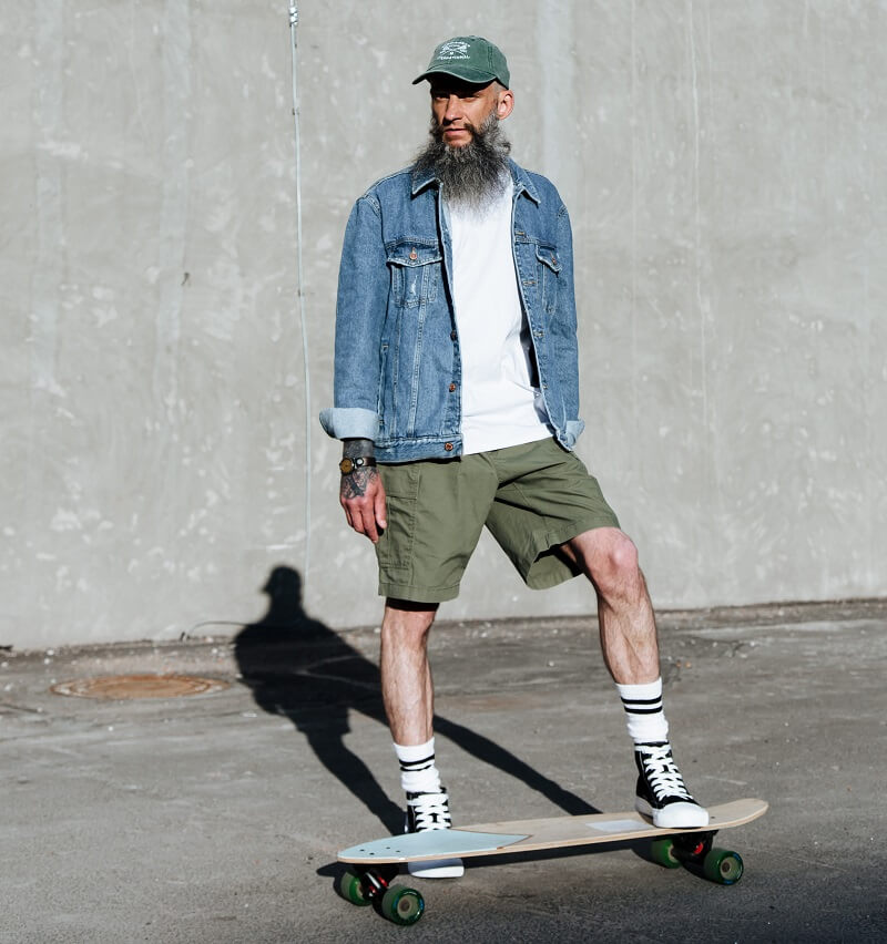 men pairing a denim jacket with a graphic tee and sneakers for a stylish and comfortable look.