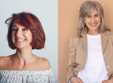 Two older women with modern short hairstyles: one with vibrant red hair and the other with natural grey hair.