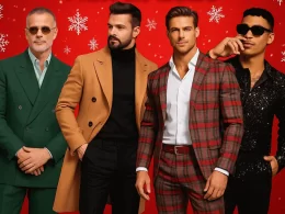Four men wearing stylish Christmas formal outfits, including green suit, camel overcoat, plaid suit and black party shirt