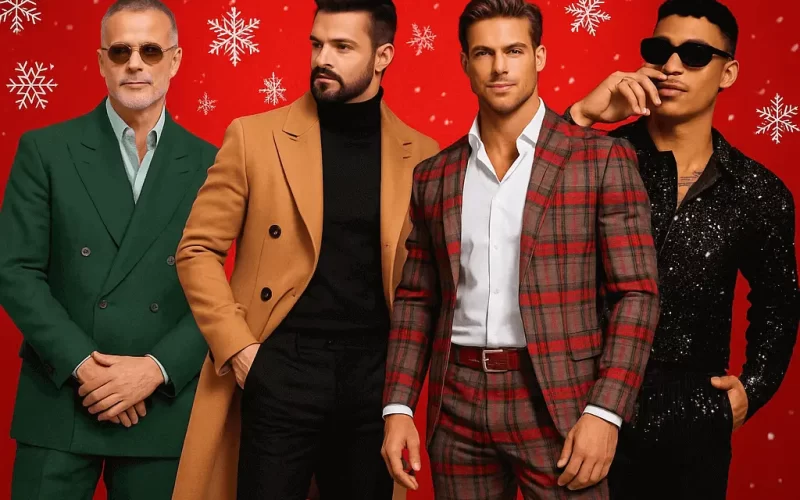 Four men wearing stylish Christmas formal outfits, including green suit, camel overcoat, plaid suit and black party shirt