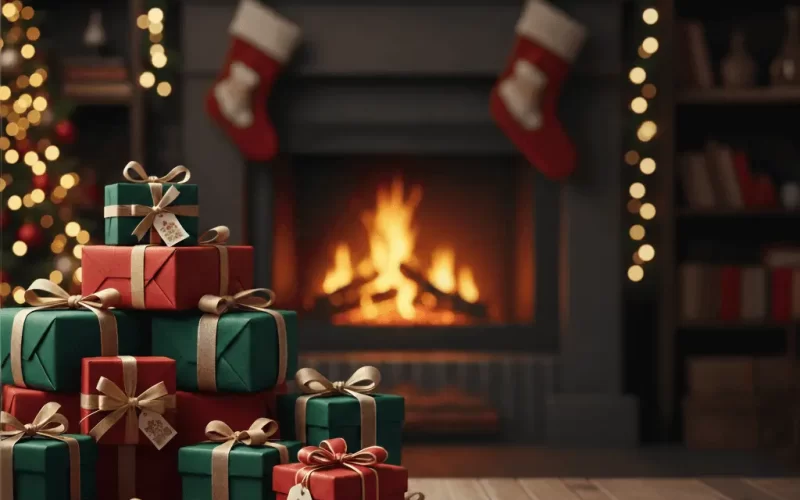 Christmas gift boxes wrapped in red and green placed near a fireplace with stockings and festive lights
