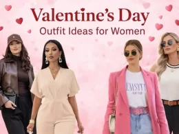 women wearing Valentine’s Day outfits in pink and neutral tones